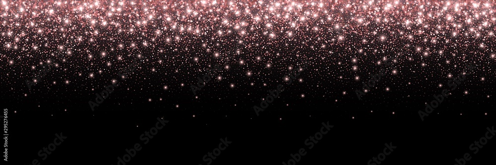 Fototapeta premium Różowe złoto świecidełka na białym tle na czarnym tle. Różowe tło mieni się na kartkach urodzinowych, zaproszeniach ślubnych, szablonach walentynkowych itp. Spadające musujące konfetti.