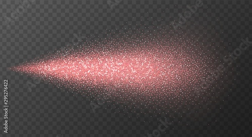 Rose gold spray paint with glitter particles isolated on transparent background. Pink fashion shimmer spray vector effect. Luxury scent template.