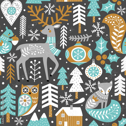 Seamless vector pattern with cute woodland animals, woods and snowflakes on dark grey background. Scandinavian Christmas illustration. 