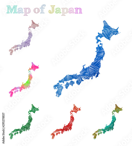 Hand-drawn map of Japan. Colorful country shape. Sketchy Japan maps collection. Vector illustration.