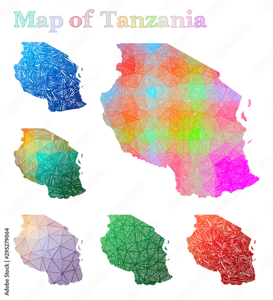 Hand-drawn map of Tanzania. Colorful country shape. Sketchy Tanzania maps collection. Vector illustration. Hand-drawn map of Tanzania. Colorful country shape. Sketchy Tanzania maps collection. Vector illustration.