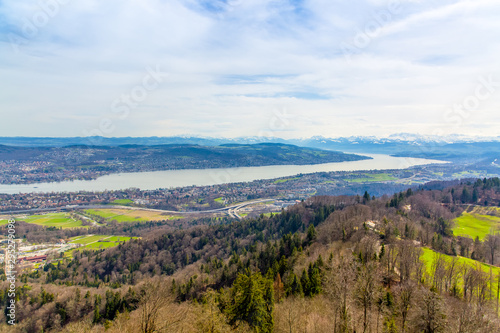 Panorama of Zurich city and lake from odservation tower on Uetliberg mountain