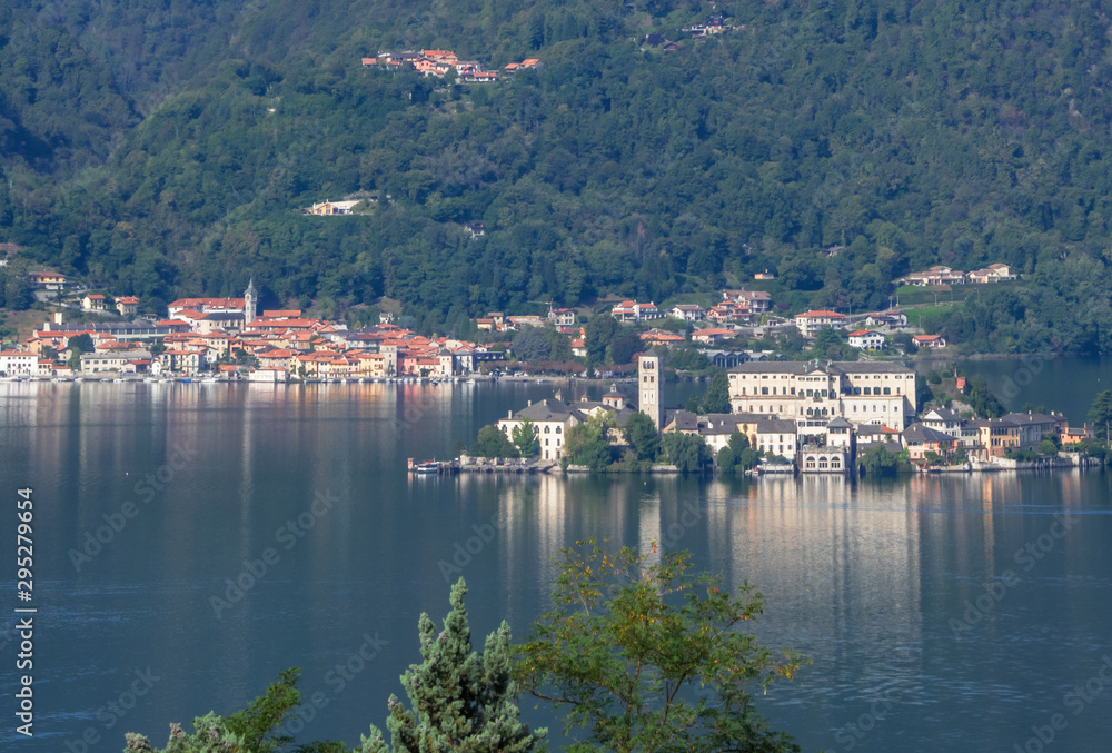 panoramic point on the mountains surrounding the romantic Lake Orta and San Giulio island. italy