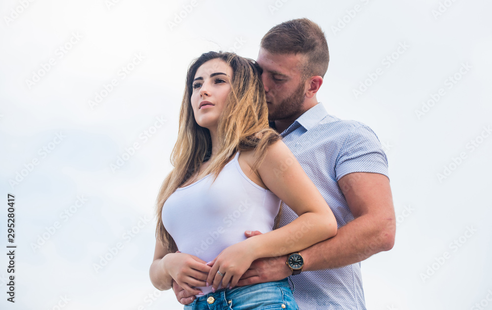 Naklejka premium True love. Supporting her. Family love. Devotion and trust. Couple in love. Together forever we two. Love story. Romantic relations. Cute relationship. Man and woman cuddle nature background