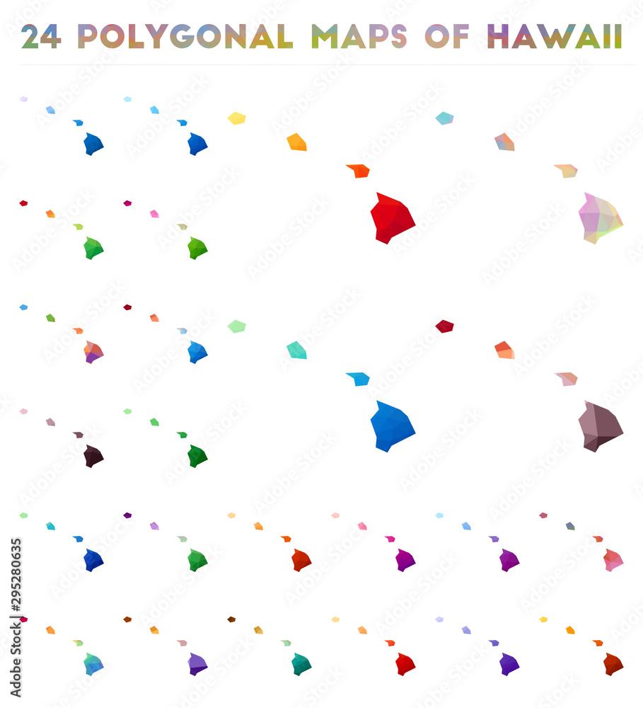 Set of vector polygonal maps of Hawaii. Bright gradient map of us state in low poly style. Multicolored Hawaii map in geometric style for your infographics.