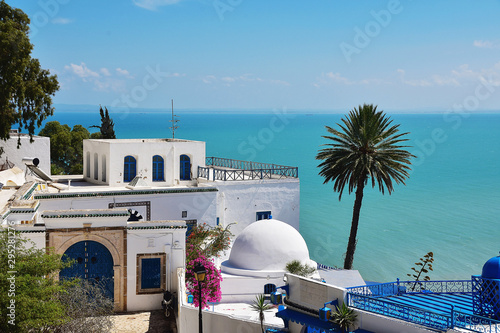 buildings and streets in white and blue in the Andalusian style, decorated with green vegetation