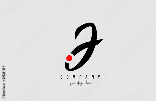 J black and white alphabet letter with red circle for  company logo icon design