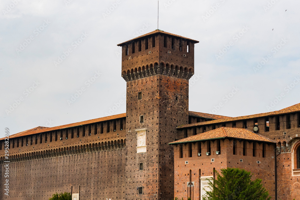 Elements of the architecture of the ancient Castle of Sforza in Milan Italy. 