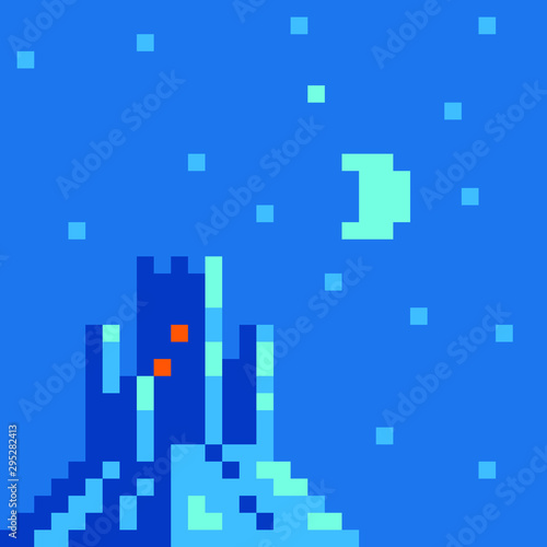 Castle and night landscape pixel art vector illustration  design for logo  sticker  mobile app. Game assets 8-bit sprite.
