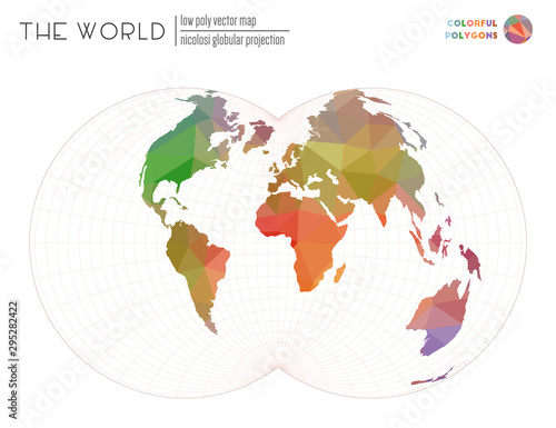Abstract geometric world map. Nicolosi globular projection of the world. Colorful colored polygons. Creative vector illustration.