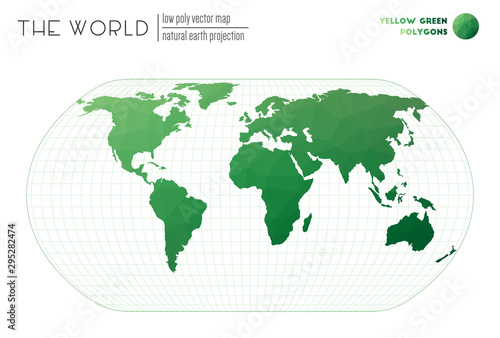 Abstract geometric world map. Natural Earth projection of the world. Yellow Green colored polygons. Neat vector illustration.