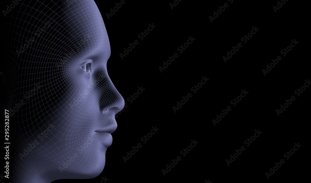 Wireframe human face, 3d rendered digital illustration. Isolated background with dark blue colors. The concept of artificial intelligence. Wireframe human face, 3d rendered digital illustration. Isolated background with dark blue colors. The concept of artificial intelligence.