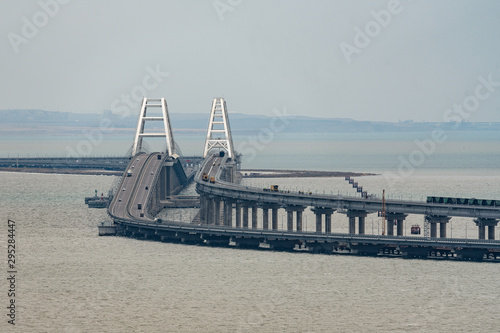 Panoramic view of the white Crimean bridge and the Kerch Strait of the Black Sea