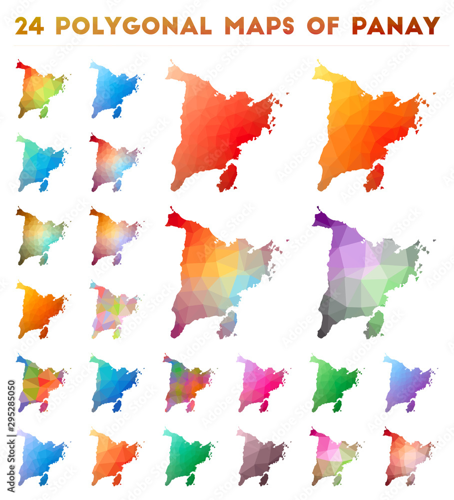 Set of vector polygonal maps of Panay. Bright gradient map of island in low poly style. Multicolored Panay map in geometric style for your infographics.