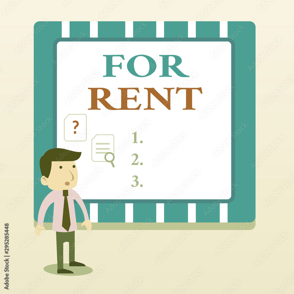Word writing text For Rent. Business photo showcasing when you make property available for purchasing temporarily Young Male Businessman Office Worker Standing Searching Problem Solution Word writing text For Rent. Business photo showcasing when you make property available for purchasing temporarily Young Male Businessman Office Worker Standing Searching Problem Solution