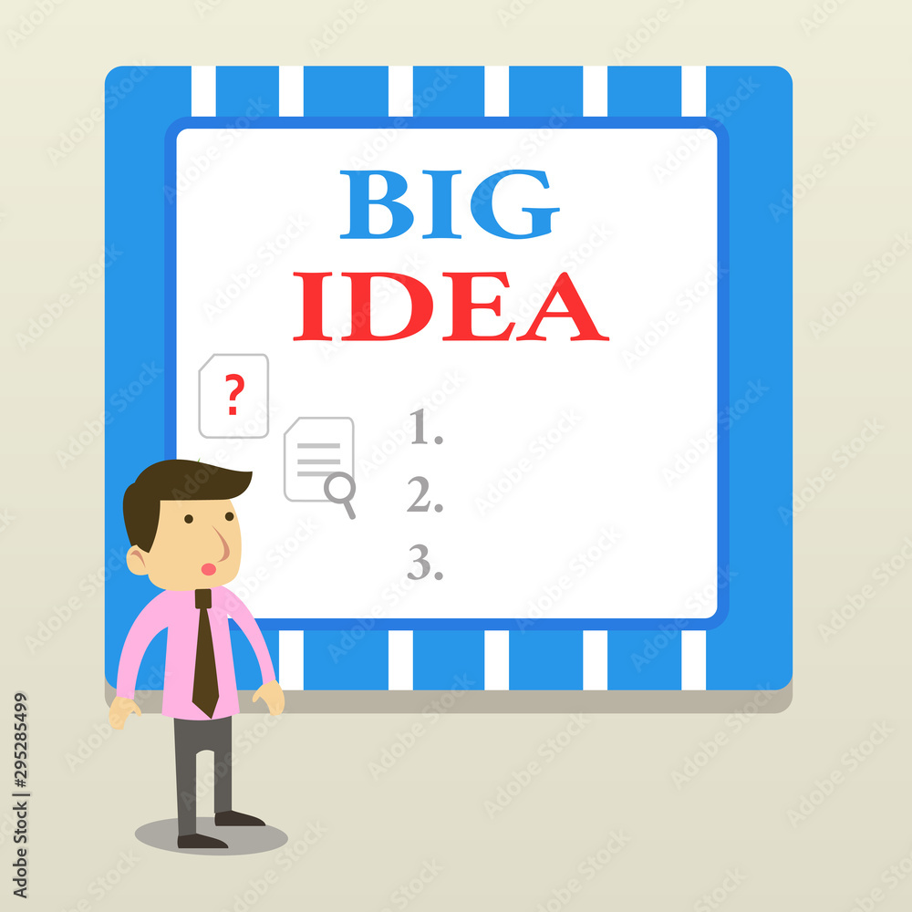 Word writing text Big Idea. Business photo showcasing Having great creative innovation solution or way of thinking Young Male Businessman Office Worker Standing Searching Problem Solution Word writing text Big Idea. Business photo showcasing Having great creative innovation solution or way of thinking Young Male Businessman Office Worker Standing Searching Problem Solution