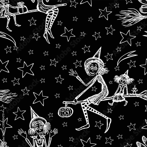 Seamlees pattern of drawn witches flying in night sky for Halloween