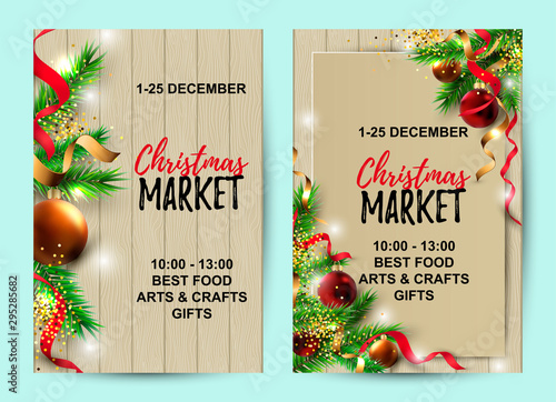 Merry Christmas, Happy New Year cards set with new year tree, red and golden balls on wood background.  Great for invites, sale, greetings, christmas market, flyer. Place for text. Vector illustration
