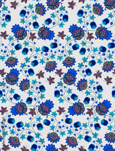 Seamless pattern with blue fantasy flowers, berries, leaves and paisley on grey background. Vintage style. Ethnic motifs. Print for fabric, tapestry, wrapping design. Watercolor imitation.