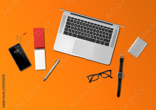 Office desk mockup top view isolated on orange