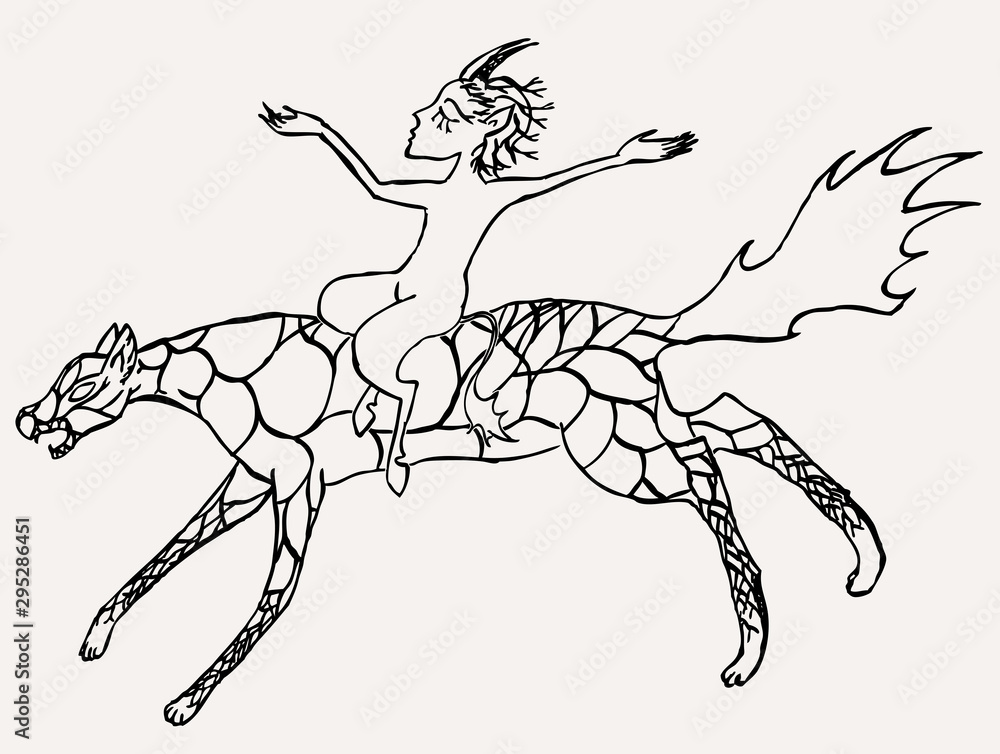 Fototapeta premium Vector drawing of little imp riding a fabulous creature