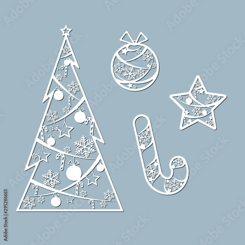 Lasercut Christmas tree ball candy toy star Christmas theme Set Design element of a lasercut lace Christmas toys for laser cutting New Year greeting card Stencil for laser cutting Isolated Vector