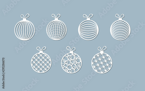 Lasercut ball toy modern pattern of lines stripes Christmas theme Design element of a lasercut Christmas toys balls for laser cutting New Year greeting card Stencil for laser cutting Isolated Vector