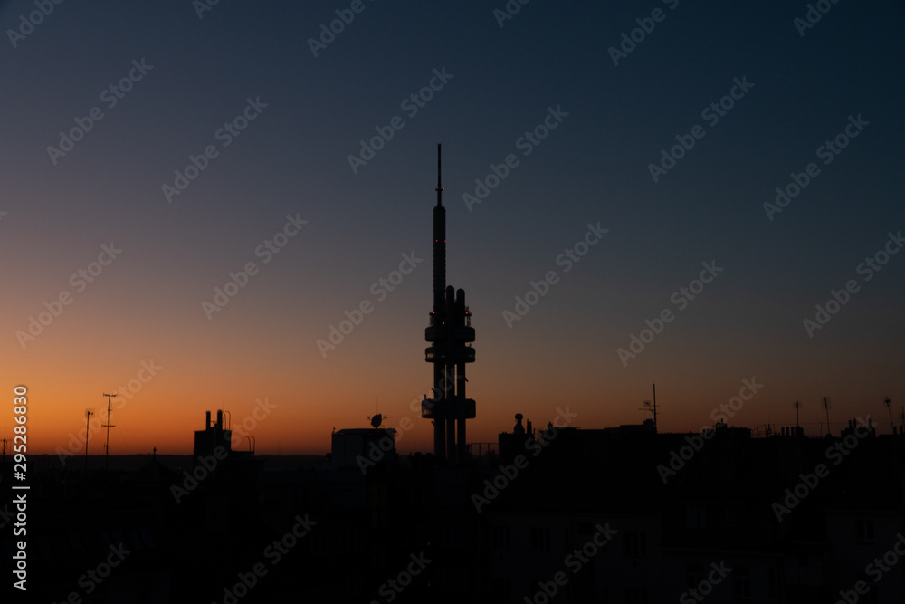 Beauriful sunset view of Zizkov television tower Prague