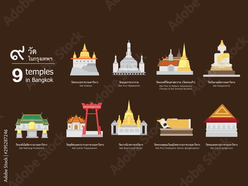 Icon Set - 9 temples In Bangkok Thailand