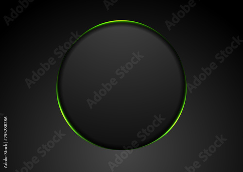 Black abstract circle shape with green glowing light tech background
