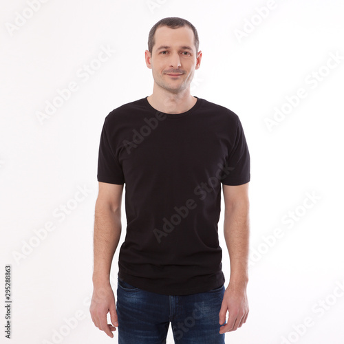 Men's Blank Black T-Shirt Apparel Mockup Bella Canvas Front. Shirt Mock Up Clothes. Young man in blank black tshirt front isolated. Mock up template for design print © missty