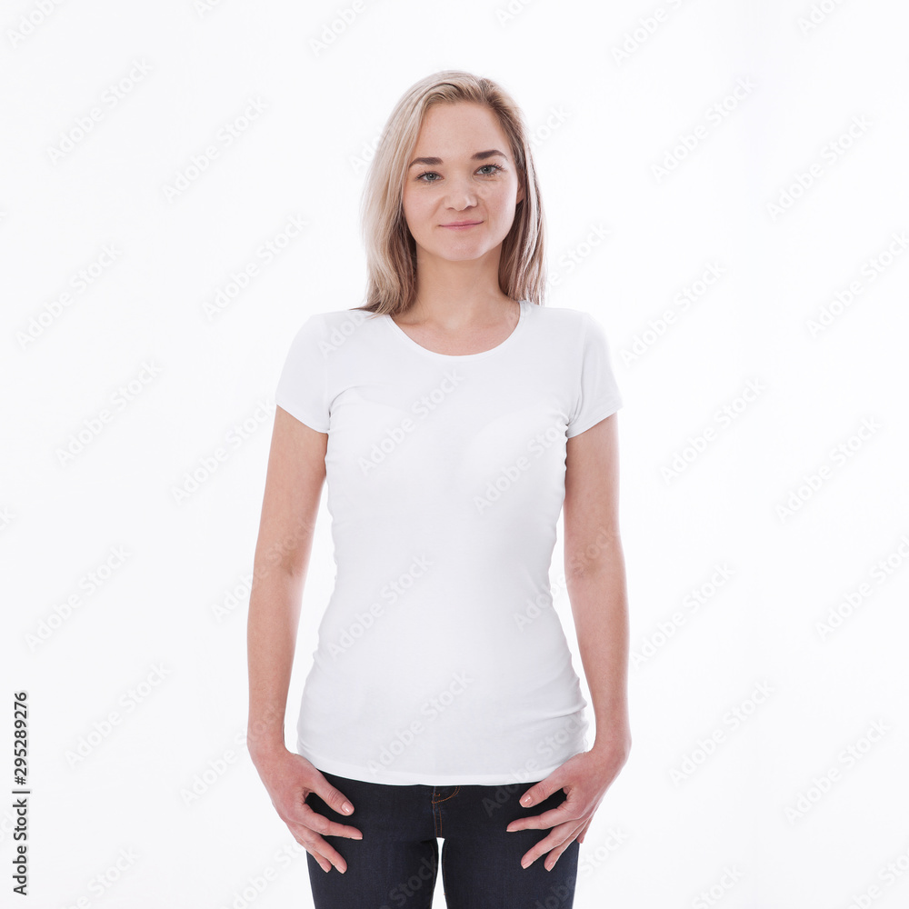 Shirt design woman in blank black t-shirt front isolated. Clean empty mock up template for design. Shirt design woman in blank black t-shirt front isolated. Clean empty mock up template for design.