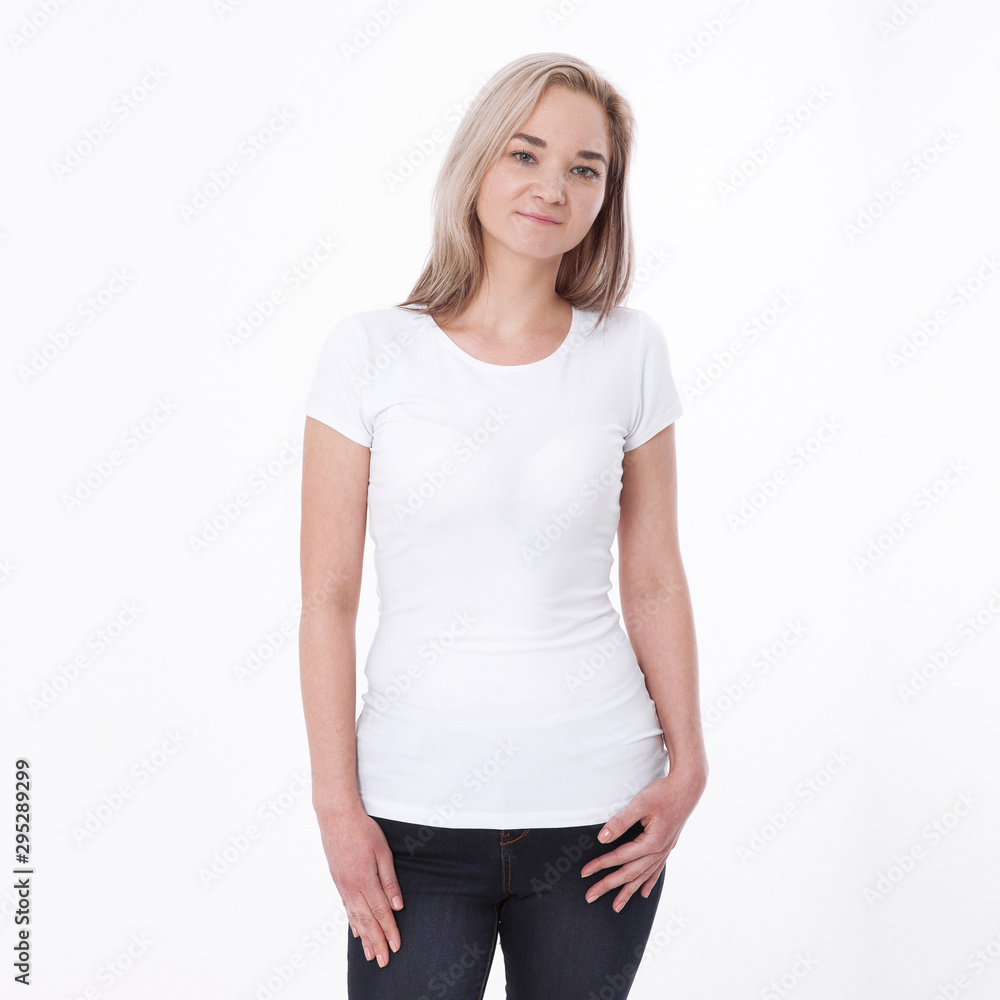 Shirt design woman in blank black t-shirt front isolated. Clean empty mock up template for design. Shirt design woman in blank black t-shirt front isolated. Clean empty mock up template for design.