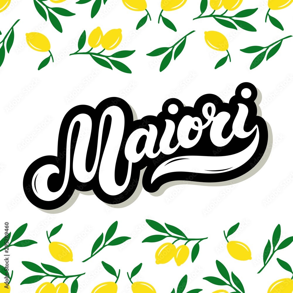 Obraz premium Maiori. The name of Italian town on the Amalfi coast. Hand drawn lettering. Vector illustration. Best for souvenir products.