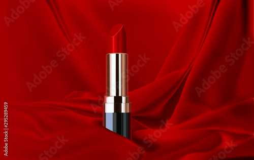 cosmetics design red lipstick on a red silk background  mock up