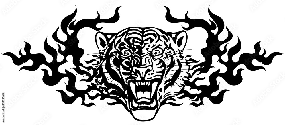 Fototapeta premium Head of roaring tiger in tongues of flame. Angry wild big cat. Front view. Black and white Tribal tattoo style vector illustration