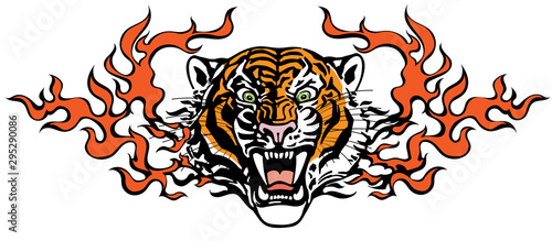 Head of roaring tiger in tongues of flame. Angry wild big cat. Front view. Tribal tattoo style vector illustration