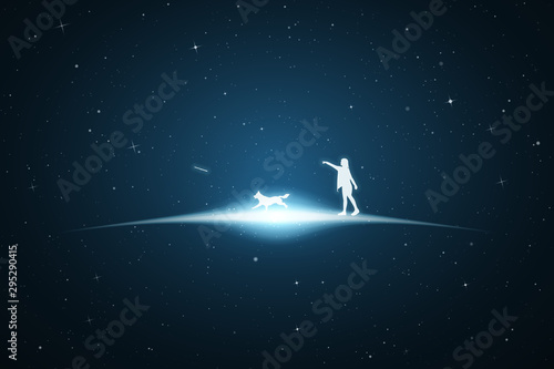 Girl trains dog in space. Vector conceptual illustration with white silhouettes of woman and running pet. Bue abstract background with stars and glowing outline