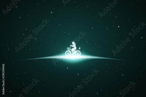 Girl on bike in space. Vector conceptual illustration with white silhouette of child on bicycle. Emerald abstract background with stars and glowing outline