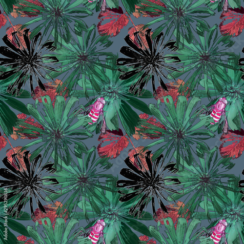 Seamless pattern of green and black daisies, red leaves and pink bees on a gray background.