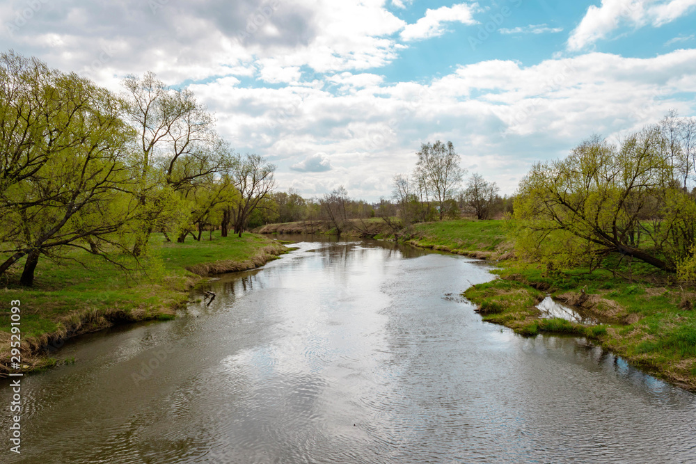 Fototapeta premium Landscape view on river shore, bushes, trees and village houses. Blue sky and clouds background