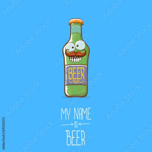 vector cartoon funky beer bottle character isolated on blue background.vector beer comic label or poster design template. my name is beer or happy friday concept illustration
