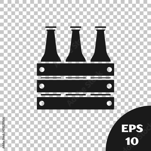 Black Pack of beer bottles icon isolated on transparent background. Wooden box and beer bottles. Case crate beer box sign. Vector Illustration