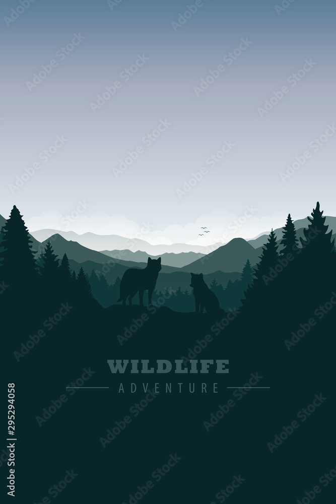 wolf pack in the green forest with mountain landscape vector illustration EPS10 - obrazy, fototapety, plakaty 