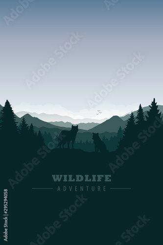 wolf pack in the green forest with mountain landscape vector illustration EPS10