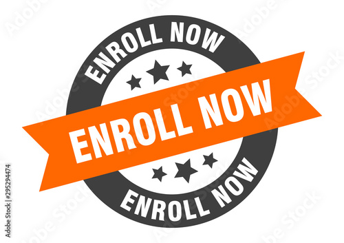 enroll now sign. enroll now orange-black round ribbon sticker