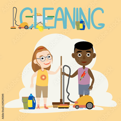 A boy and a girl in home clothes do the cleaning of the house with a vacuum cleaner and a brush. Children doing housework. Flat cartoon vector