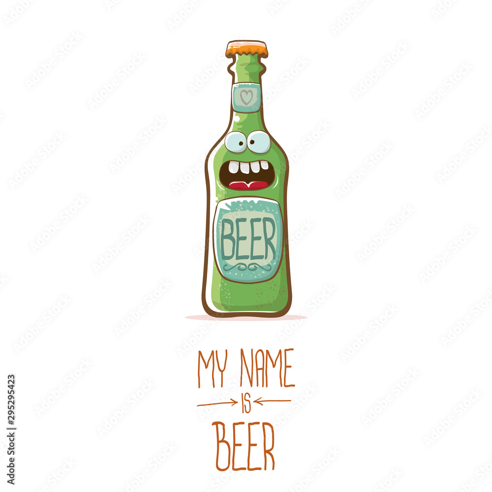 vector cartoon funky beer bottle character isolated on white background.vector beer comic label or poster design template. my name is beer or happy friday concept illustration