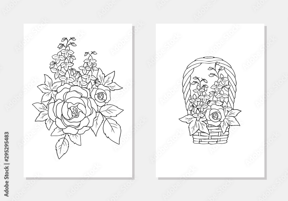 Fototapeta premium vector delphinium rose flower leaf bouquet in the basket line art coloring page book outline illustration