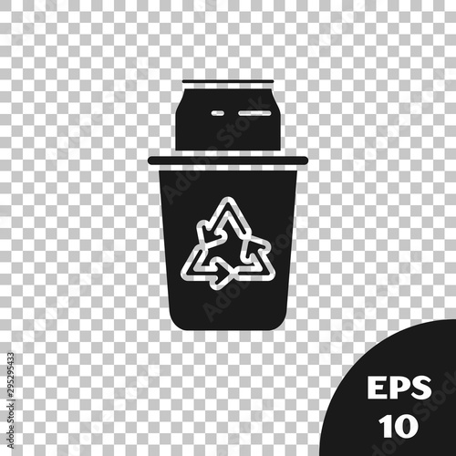 Black Recycle bin with recycle symbol and can icon isolated on transparent background. Trash can icon. Garbage bin sign. Recycle basket sign. Vector Illustration